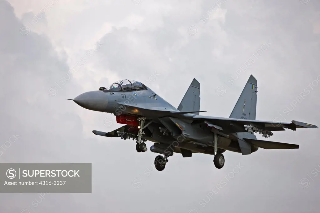 The Sukhoi SU-30 is a fourth generation military aircraft of Russian origin. It is a twin engine, two seat aircraft that utilizes thrust vectoring for extreme maneuverability. The NATO designation of the SU-30 is 'Flanker'.