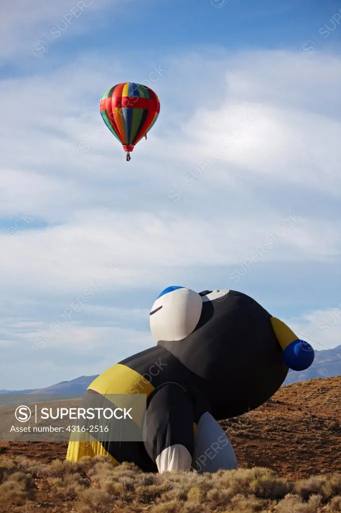 A bee shaped balloon seems to be gazing at a traditional shaped balloon aloft as it deflates, Reno Balloon Races, Reno, Nevada.