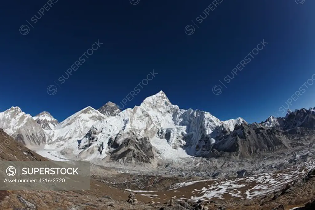 Mount Everest, the highest peak in the world, Nuptse, and the Khumbu glacier.