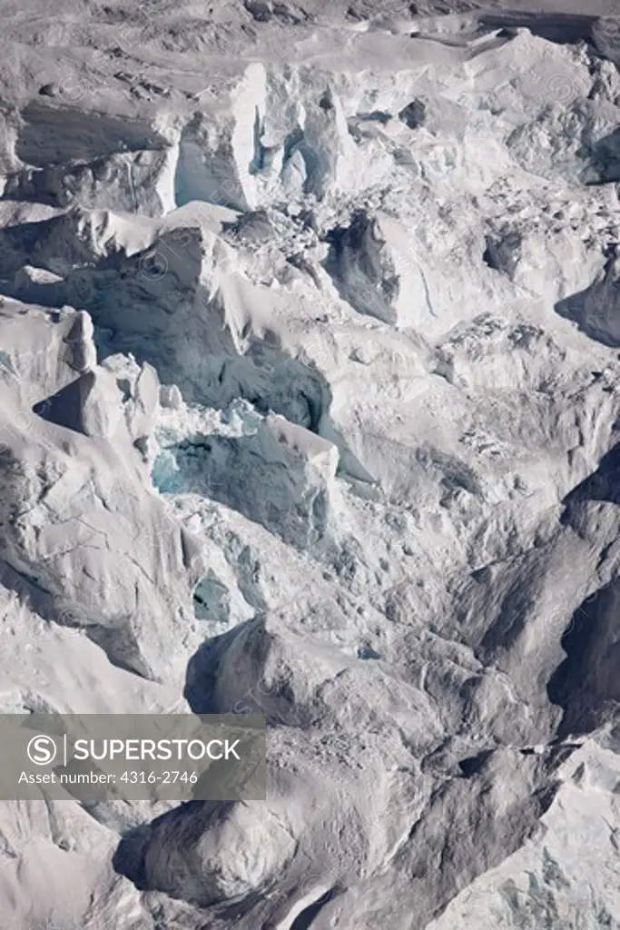 A jumble of seracs on a steep section of Nuptse in the Everest Region of Nepal.