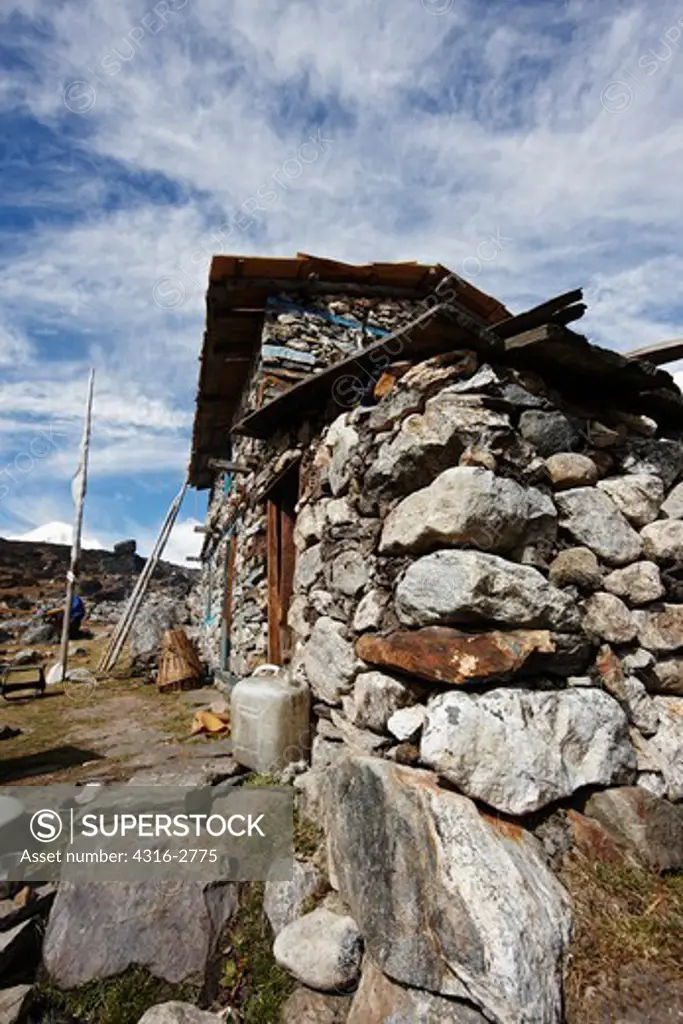 Stone hut on the trekking route to Makalu Base Camp, eastern Nepal.