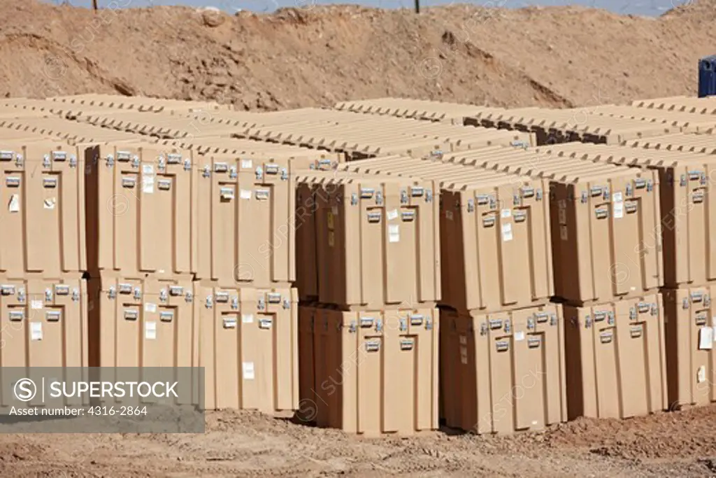 Container boxes stacked at a combat outpost in southern Afghanistan's Helmand Province.