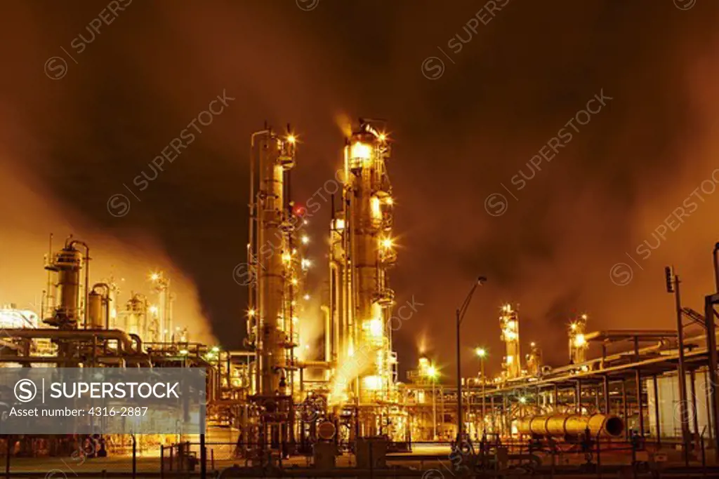 Nighttime view of a fluid catalytic cracking unit, or FCCU, at a petroleum processing facility in Pasadena, Texas, south of Houston.