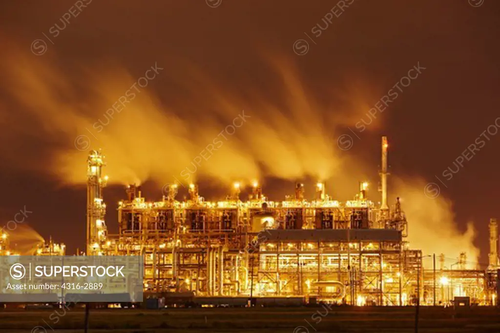 Nighttime view of a petroleum processing facility in Pasadena, Texas, south of Houston.