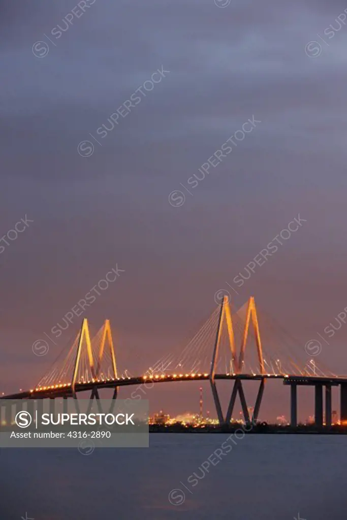 Nighttime view of the Fred Hartman Bridge, Baytown, Texas.