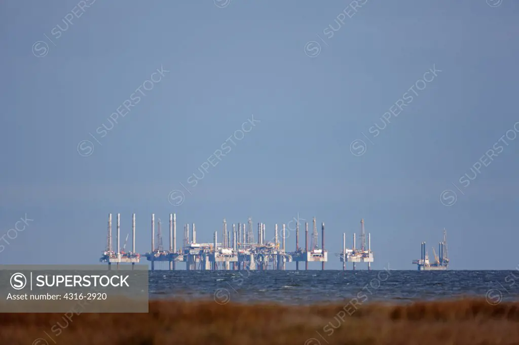 Oil platforms in the Gulf of Mexico, near Cameron, Louisiana.