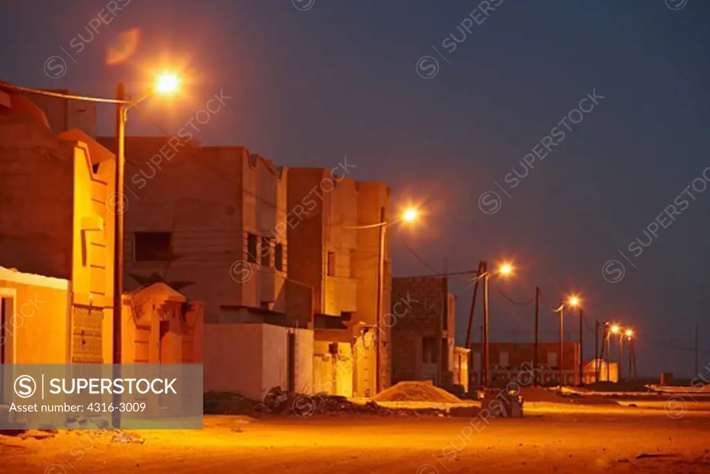 Nighttime street scene in El-Aaiun, Western Sahara.