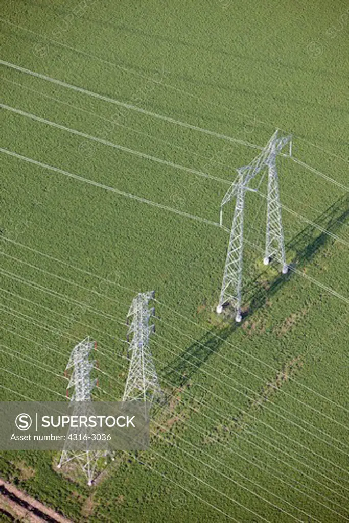 Aerial view of high voltage power transmission lines, Winters, California.