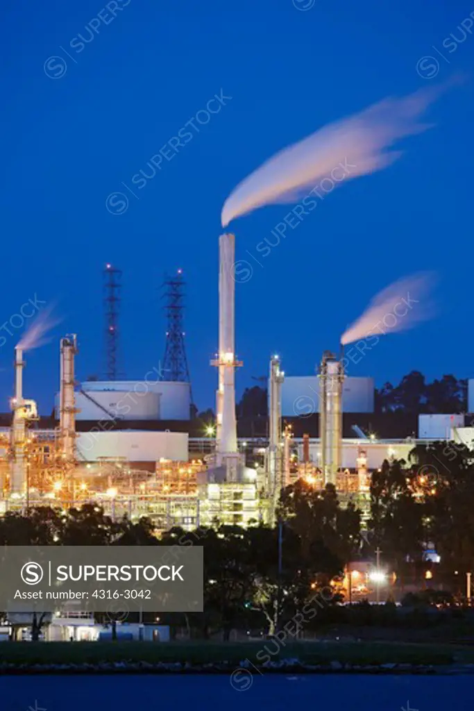 A dusk view of a petrochemical facility, Benicia, California.