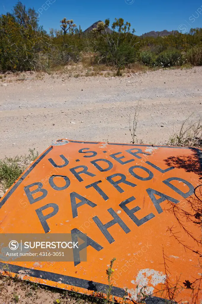 United States Border Patrol sign along the Camino del Diablo, or Highway of the Devil, in Cabeza Prieta National Wildlife Refuge, southern Arizona.
