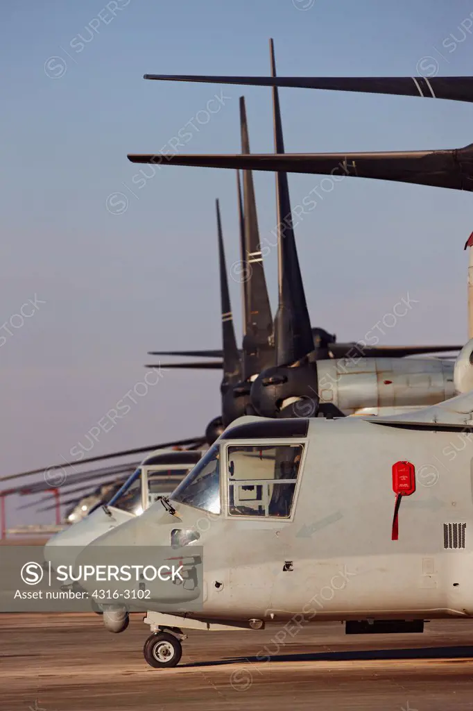 A line of U.S. Marine Corps MV-22 Ospreys, Camp Bastion, Helmand Province, southern Afghanistan.