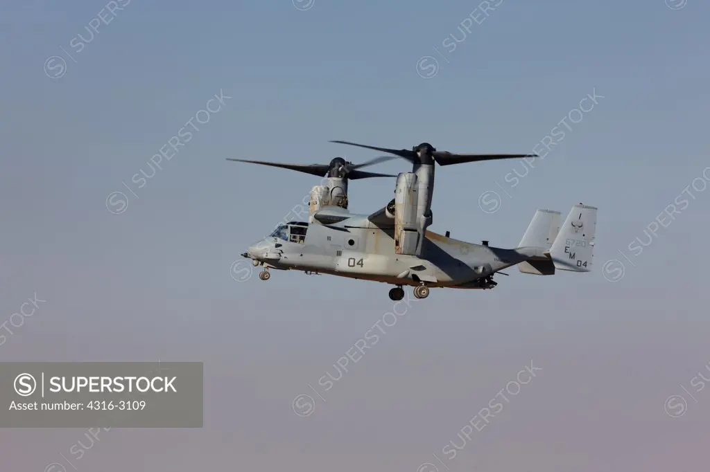 A U.S. Marine Corps MV-22 Osprey flying in helicopter mode, Camp Bastion, Helmand Province, southern Afghanistan.