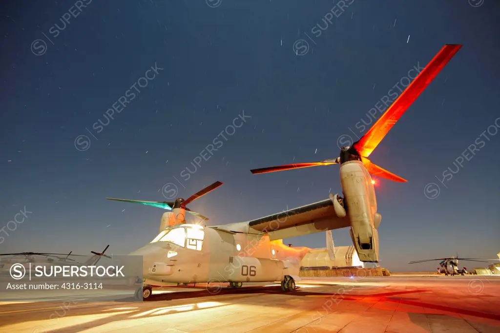 Nighttime view of a U.S. Marine Corps MV-22 Osprey at Camp Bastion, Helmand Province, southern Afghanistan.