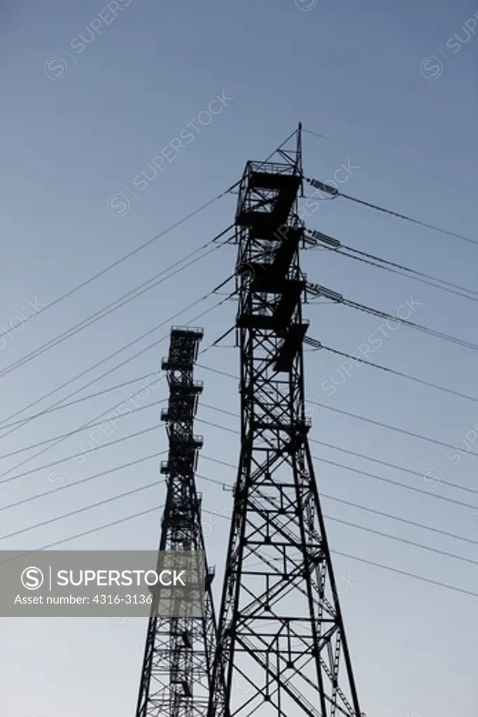 Power lines and power line towers, near Benicia, California.