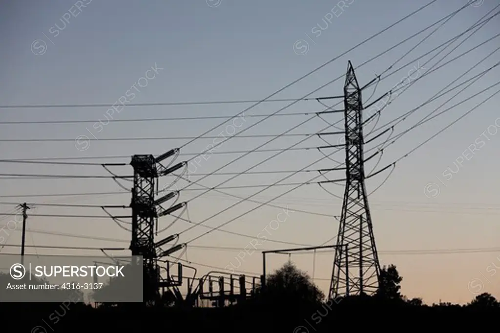 Power lines and power line towers, near Benicia, California.