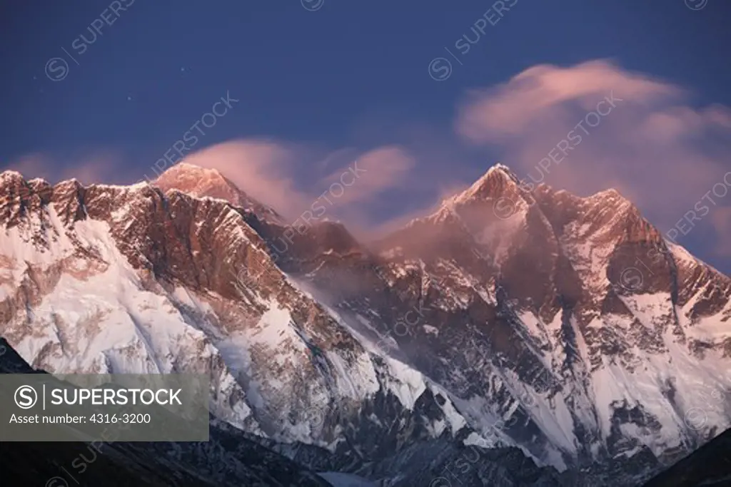 Dusk light and clearing storm, Mount Everest and Lhotse, Nepal.