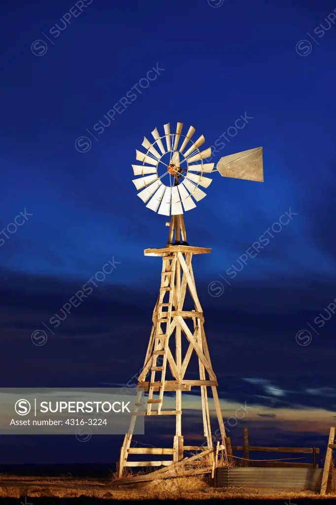 An old windmill, which was used to pump water, in the Pawnee National Grasslands near Grover, Colorado.