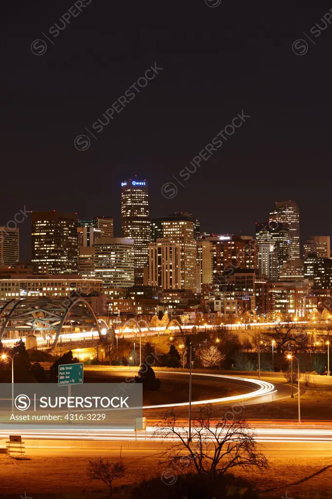 A nighttime view of Denver, Colorado.