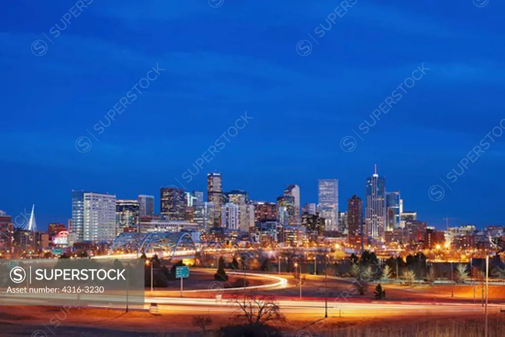 A dusk view of Denver, Colorado