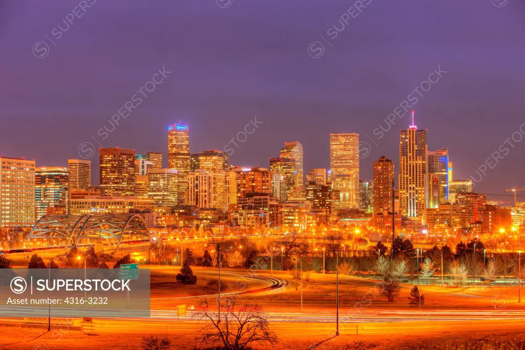 A high dynamic range, or HDR, view of Denver, Colorado at dusk.