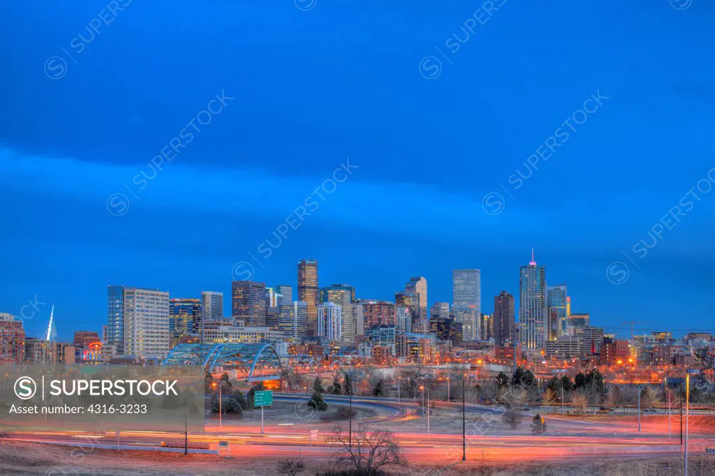 A high dynamic range, or HDR, view of Denver, Colorado at dusk.