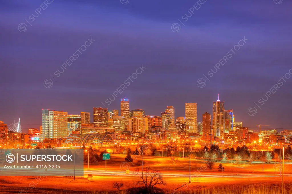 A high dynamic range, or HDR, view of Denver, Colorado at dusk.