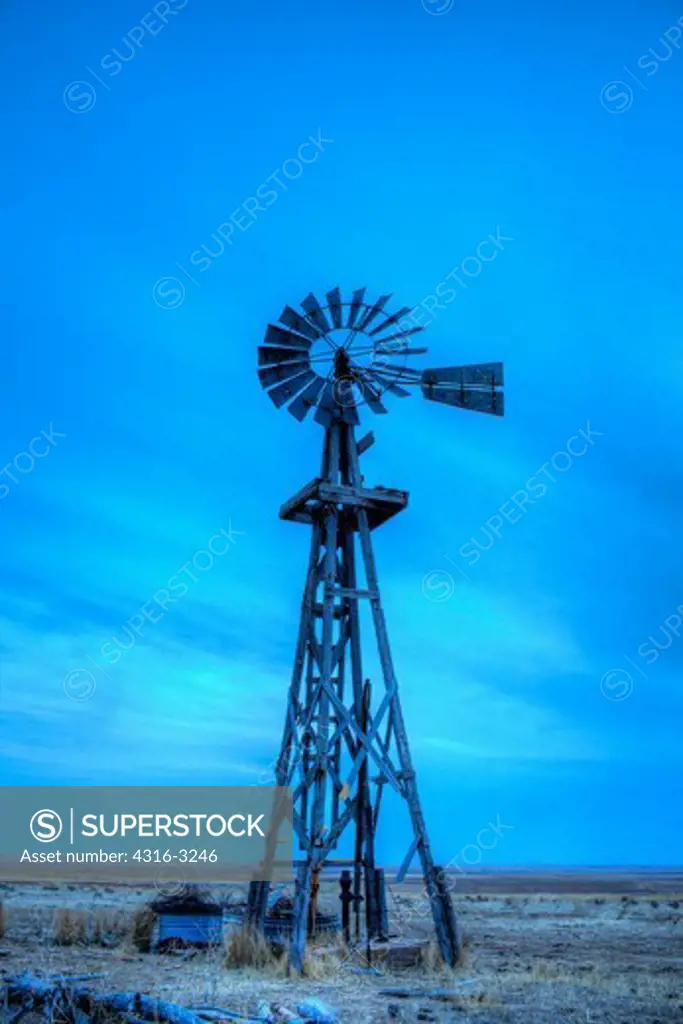 A high dynamic range, or HDR, image of an abandoned, non-functioning Fairbanks-Morse Eclipse windmill in Colorado's eastern plains, Weld County.