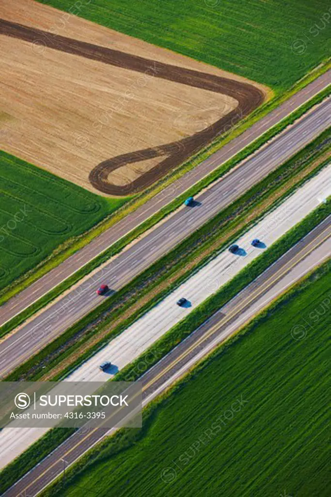 An aerial view of Interstate 25, running through northern Colorado.