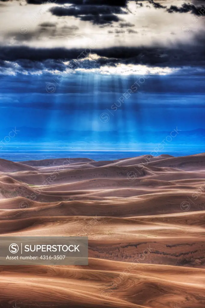 Interior landscape of the Great Sand Dunes, crepuscular rays, high dynamic range, or HDR image