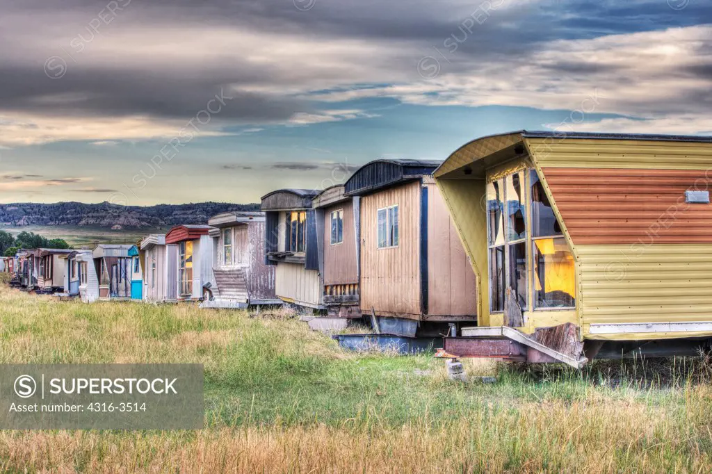 Modular homes in field, high dynamic range, or HDR image.