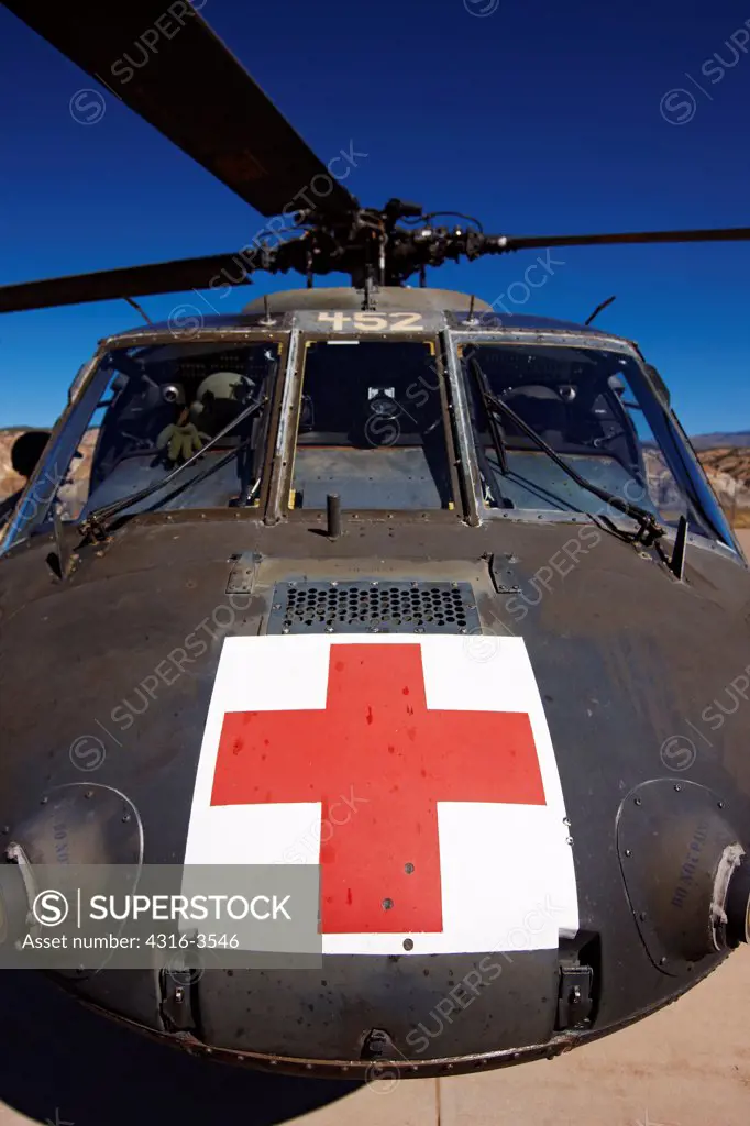 Detail of a U.S. Army Dustoff air ambulance medevac UH-60 Blackhawk helicopter.
