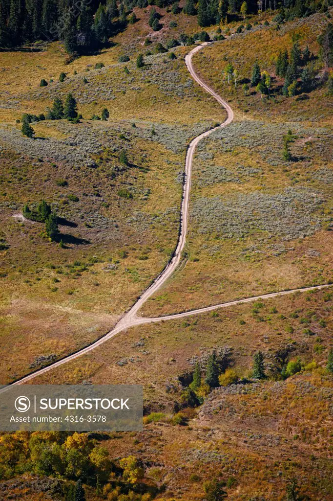Aerial view of fork in a dirt road high in Colorado's Rocky Mountains.