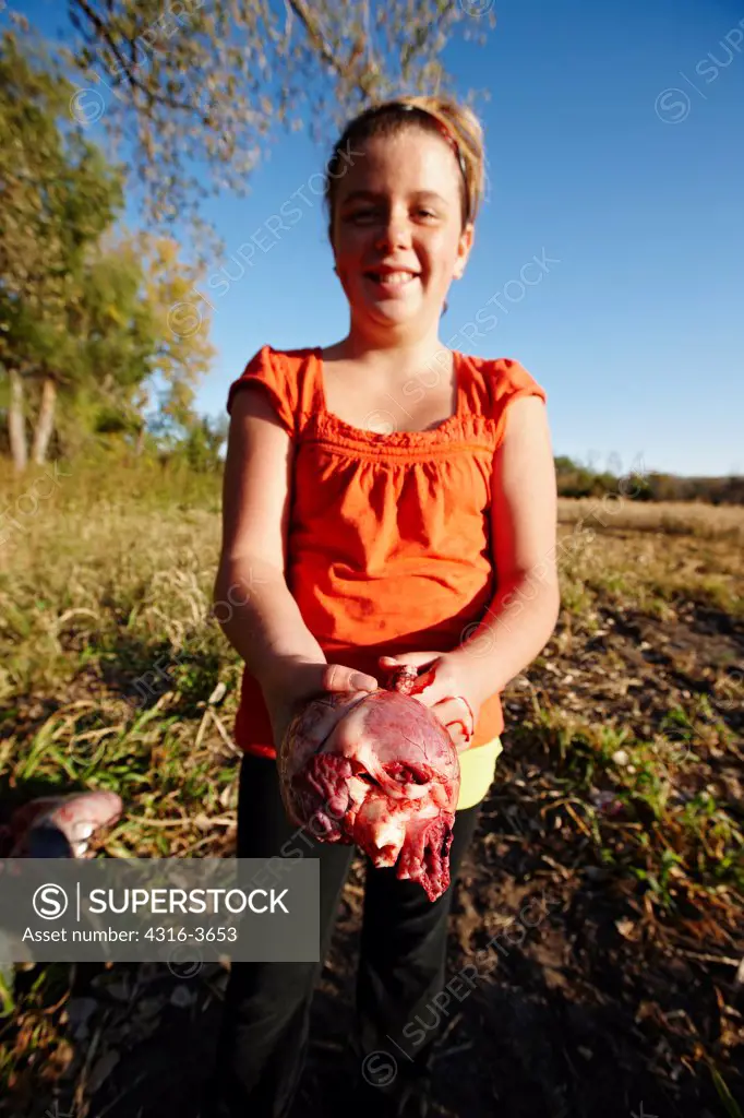 During field dressing of a freshly killed deer, a young girl holds the deer's heart.