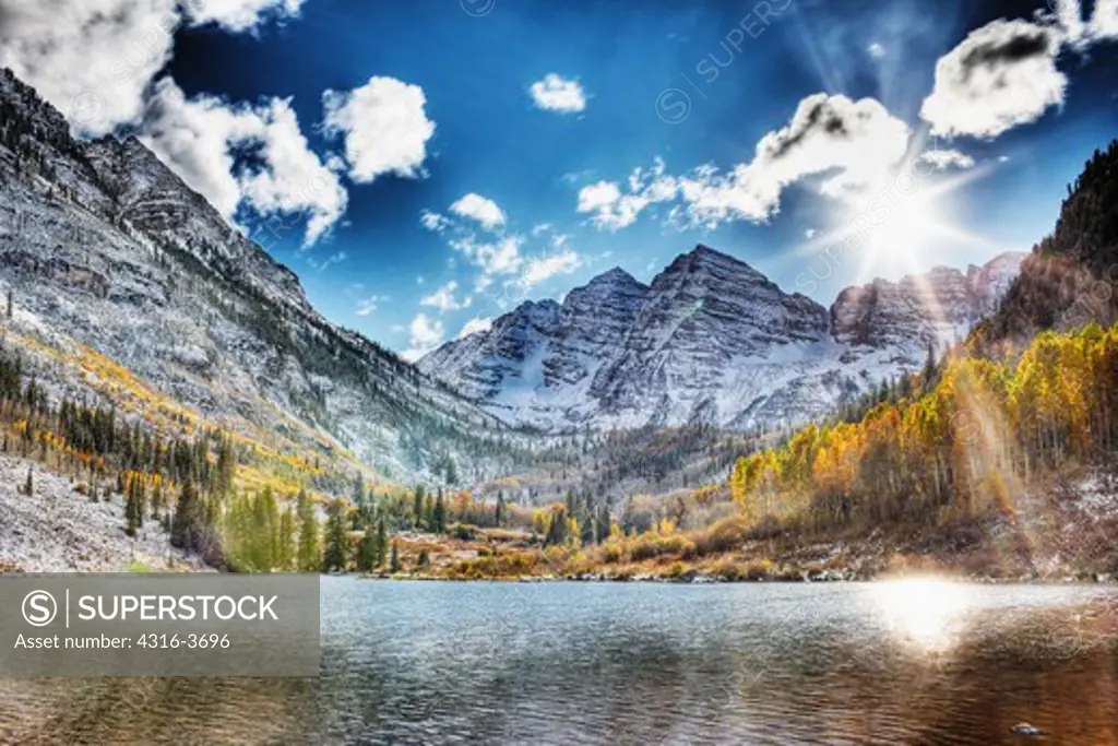 Maroon Bells, also known as Maroon Peak and North Maroon Peak, reflected In Maroon Lake, High Dynamic Range, or HDR image.