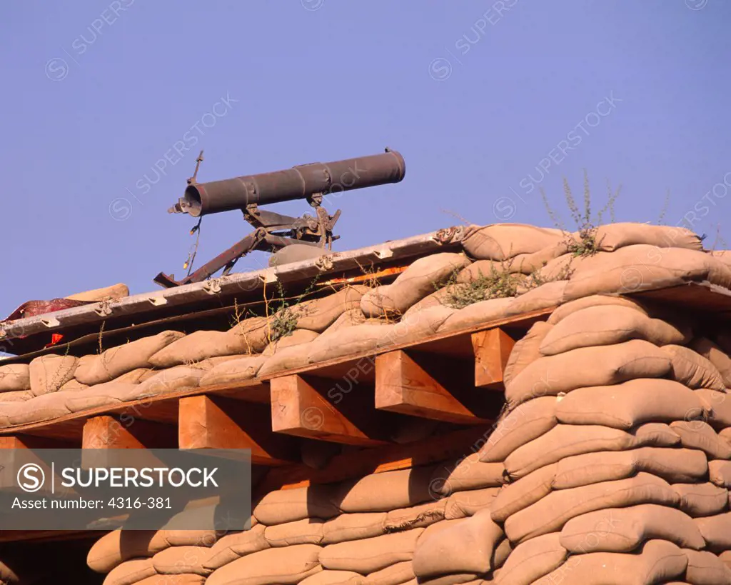 Chinese Manufactured 107mm Rocket Launcher Captured From the Taliban Stands Ready Atop a Sandbagged Bunker at a Forward Operating Base in Asadabad, Afghanistan