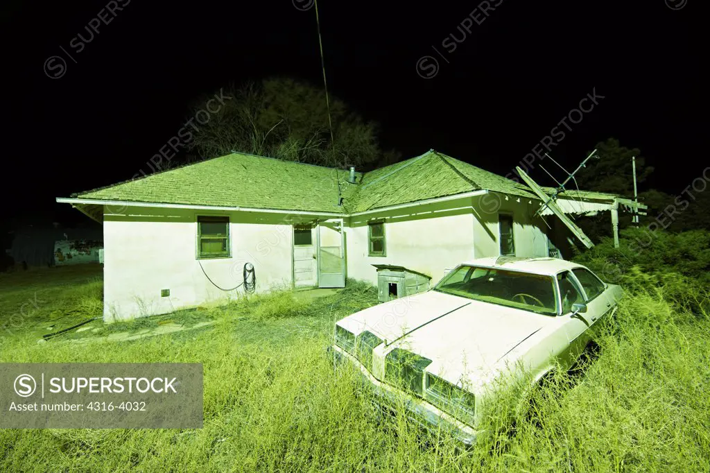 Night View of an Abandoned Ranch House and Car, Eastern Plains of Colorado