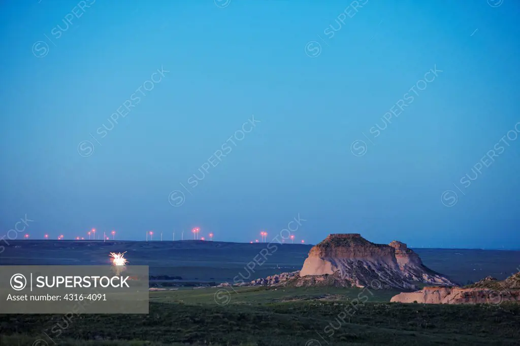 Fireworks and Pawnee Buttes at Dusk
