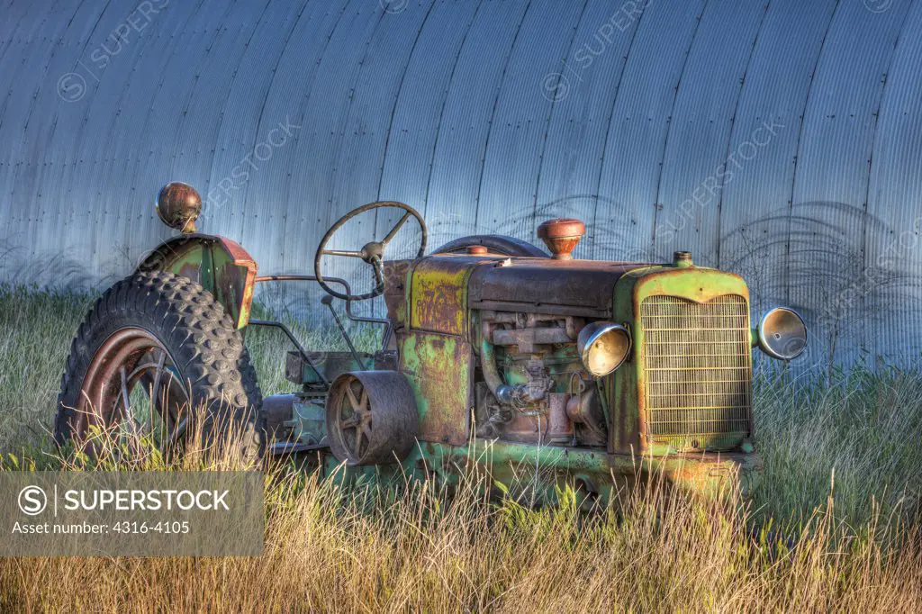 Farm Tractor, Overgrown with Weeds, HDR, or High Dynamic Range Image