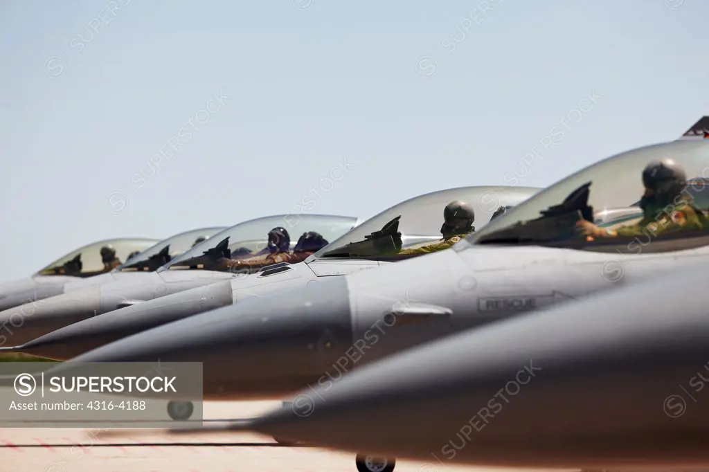 Line of F-16 Jets, Preparing to Launch
