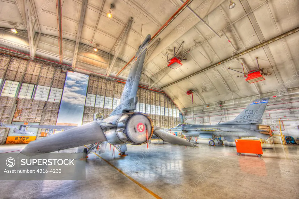 F-16s in Maintenance Hangar, High Dynamic, or HDR Image