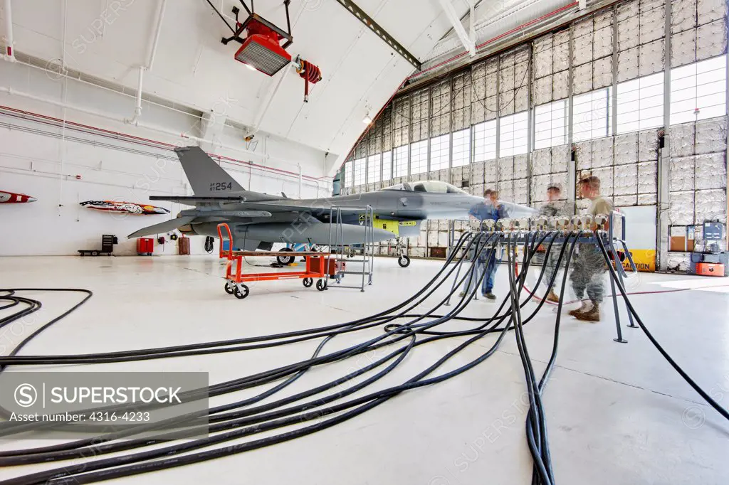 F-16 in Maintenance Hangar, Pressure Lines, High Dynamic Range, or HDR Image