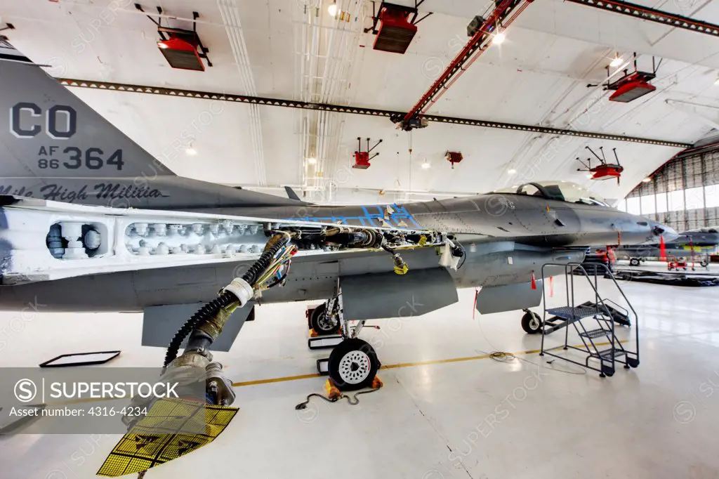 F-16 in Maintenance Hangar, Showing Disassembled Wing, High Dynamic Range, or HDR Image