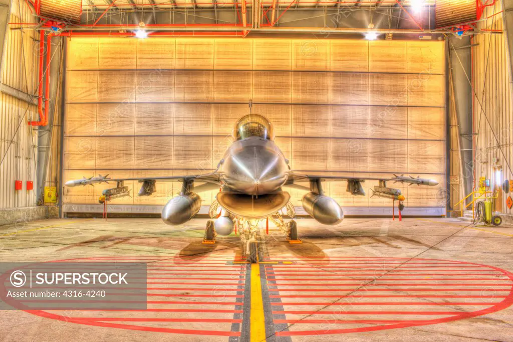 F-16 Alert Jet in Hangar, Loaded with Live Weapons, High Dynamic Range, or HDR Image