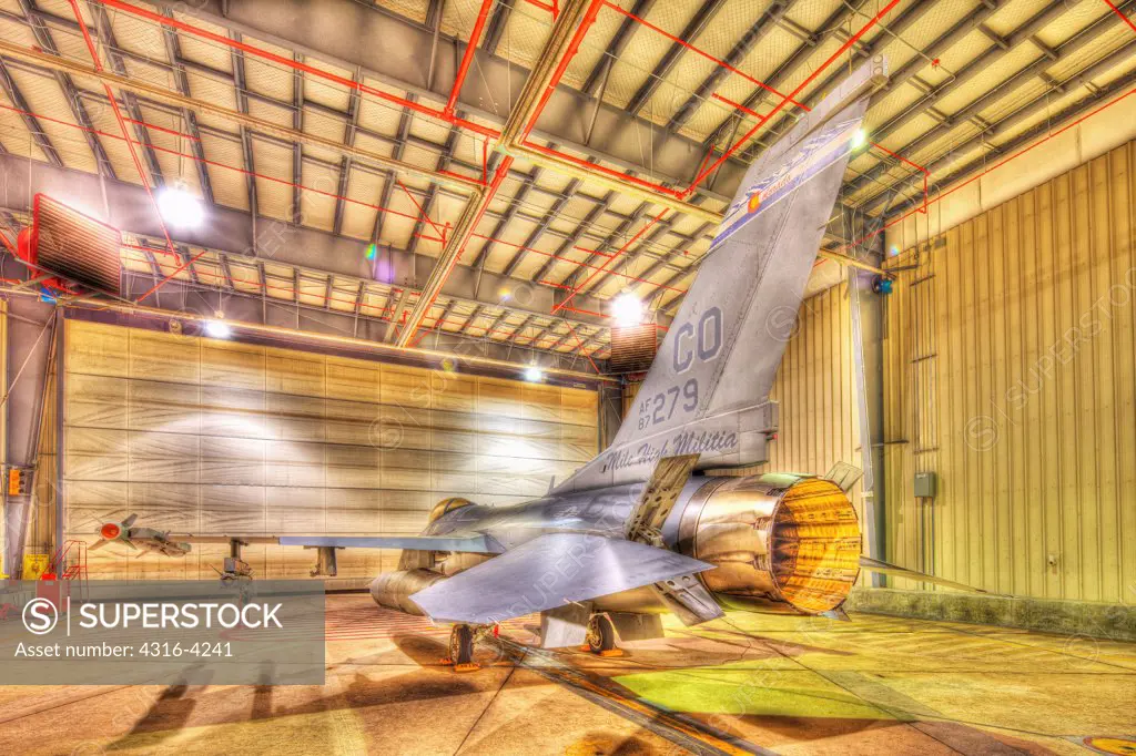 F-16 Alert Jet in Hangar, Loaded with Live Weapons, Rear View, High Dynamic Range, or HDR Image