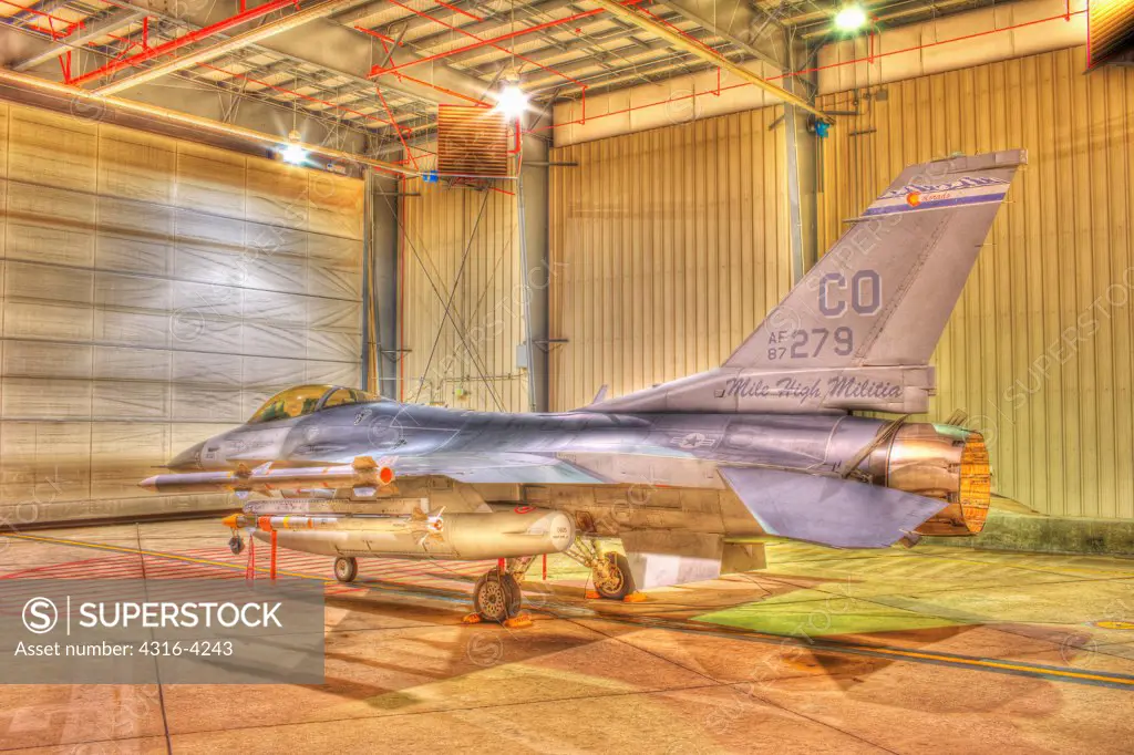 F-16 Alert Jet in Hangar, Loaded with Live Weapons, Rear View, High Dynamic Range, or HDR Image