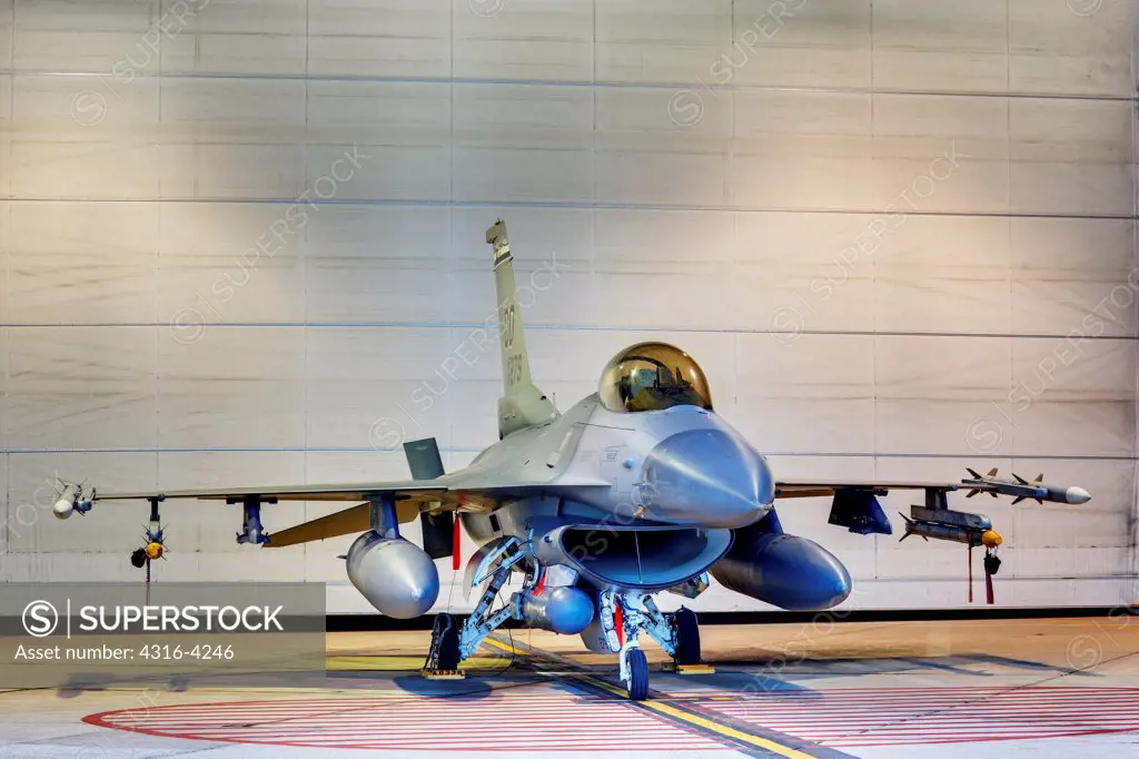 F-16 Alert Jet in Hangar, Loaded with Live Weapons, High Dynamic Range, or HDR Image