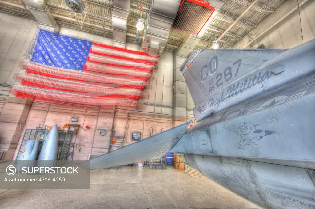 F-16 Tail Section and American Flag, High Dynamic Range, or HDR, Image