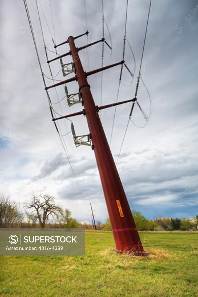 High Voltage Power Lines and Power Line Tower, Distorted Perspective, HDR - High Dynamic Range - Image