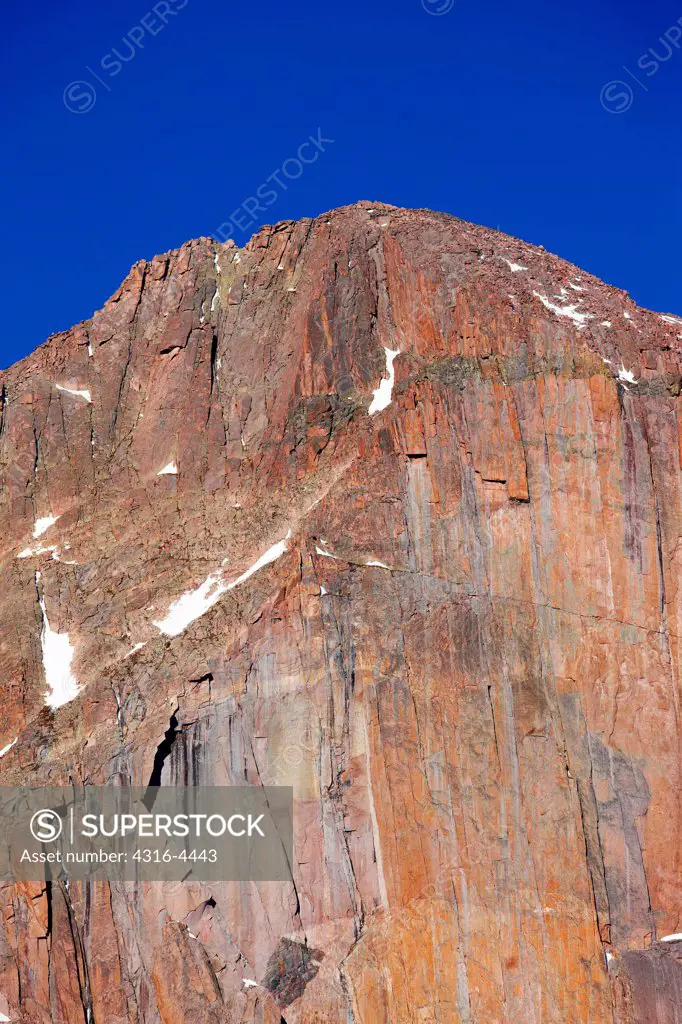 Telephoto view of the Diamond, east face of Longs Peak (14,259 feet, 4,346 meters), Colorado, USA