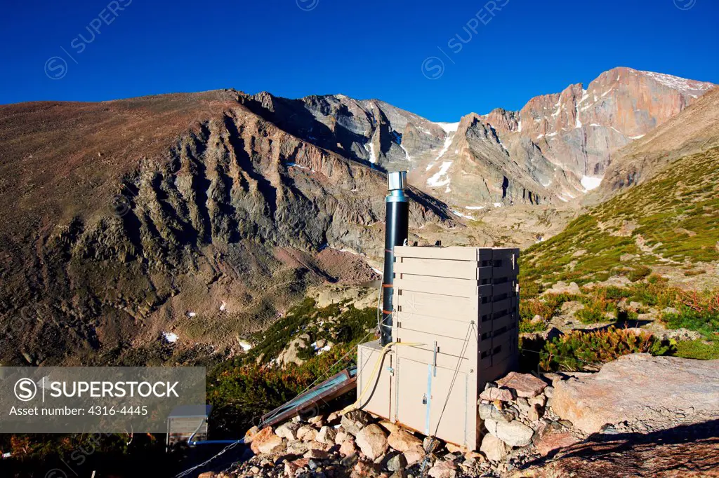 Solar composting toilet below east face of Longs Peak (14,259 feet, 4,346 meters), Rocky Mountain National Park, Colorado, USA